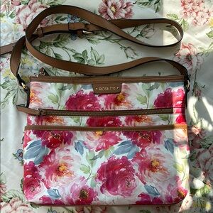 Rosetti Pink and Tan Crossbody Bag with Floral Design